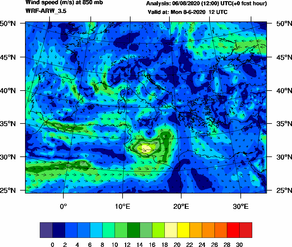 Wind speed (m/s) at 850 mb - 2020-06-08 12:00