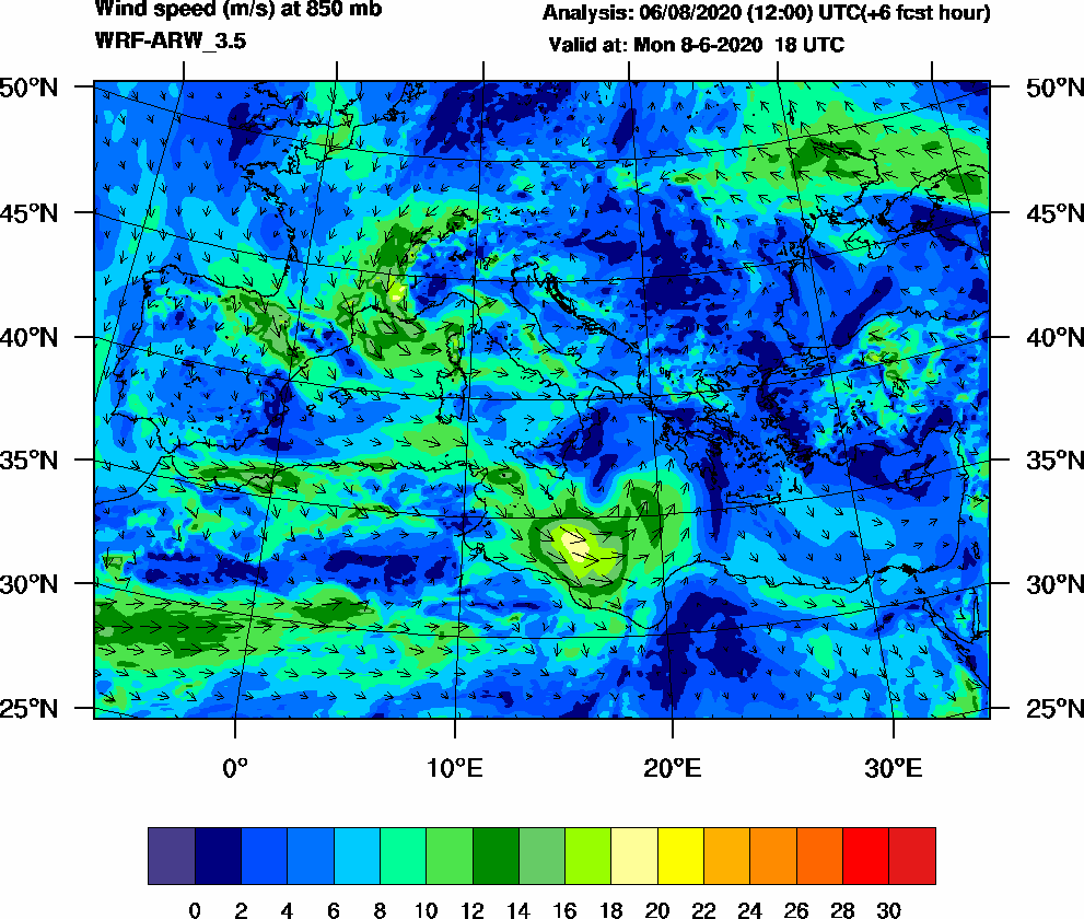 Wind speed (m/s) at 850 mb - 2020-06-08 18:00