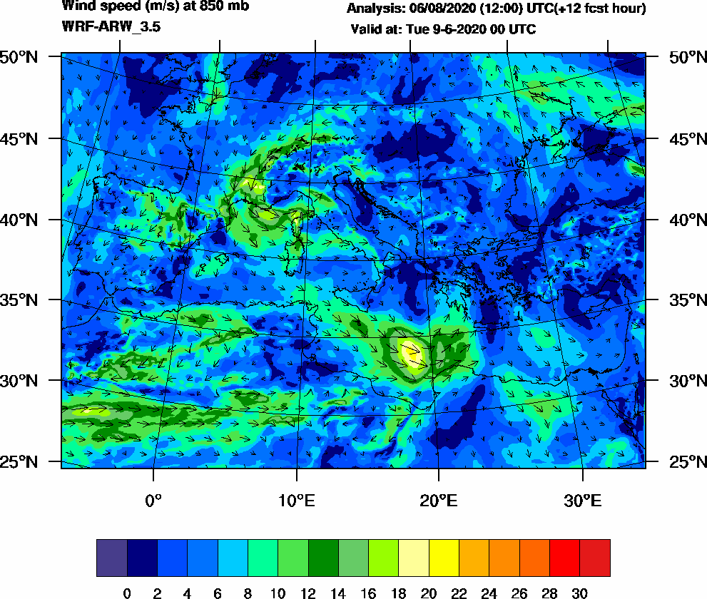 Wind speed (m/s) at 850 mb - 2020-06-09 00:00