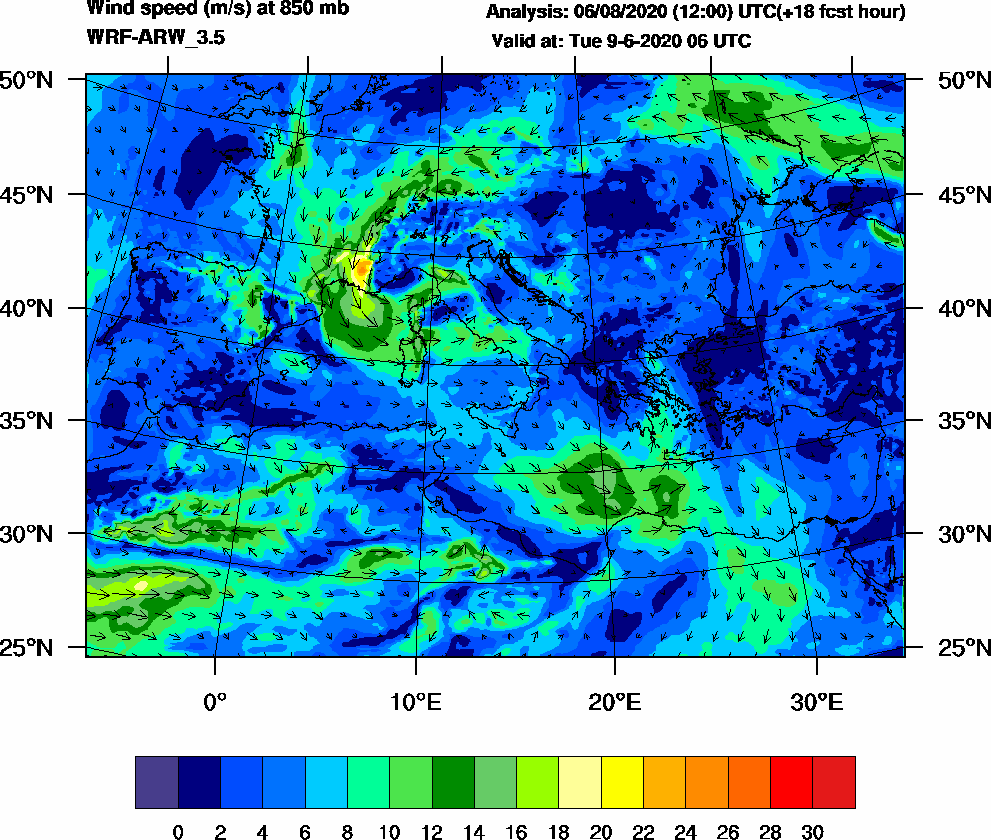 Wind speed (m/s) at 850 mb - 2020-06-09 06:00