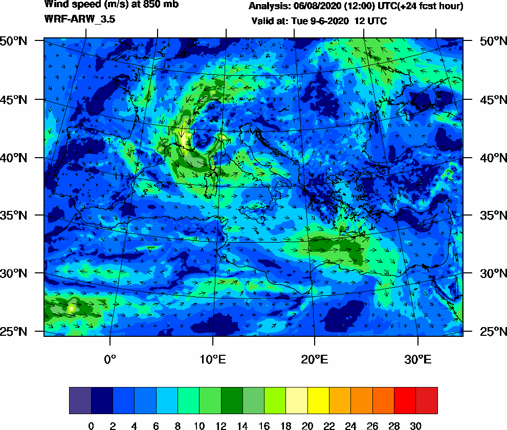 Wind speed (m/s) at 850 mb - 2020-06-09 12:00