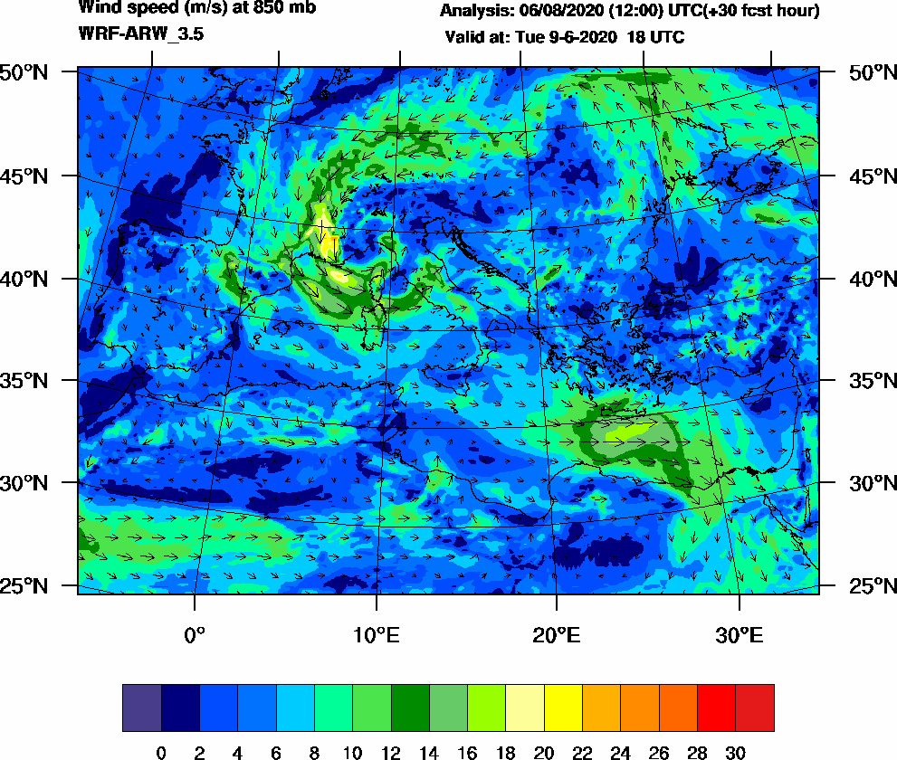 Wind speed (m/s) at 850 mb - 2020-06-09 18:00