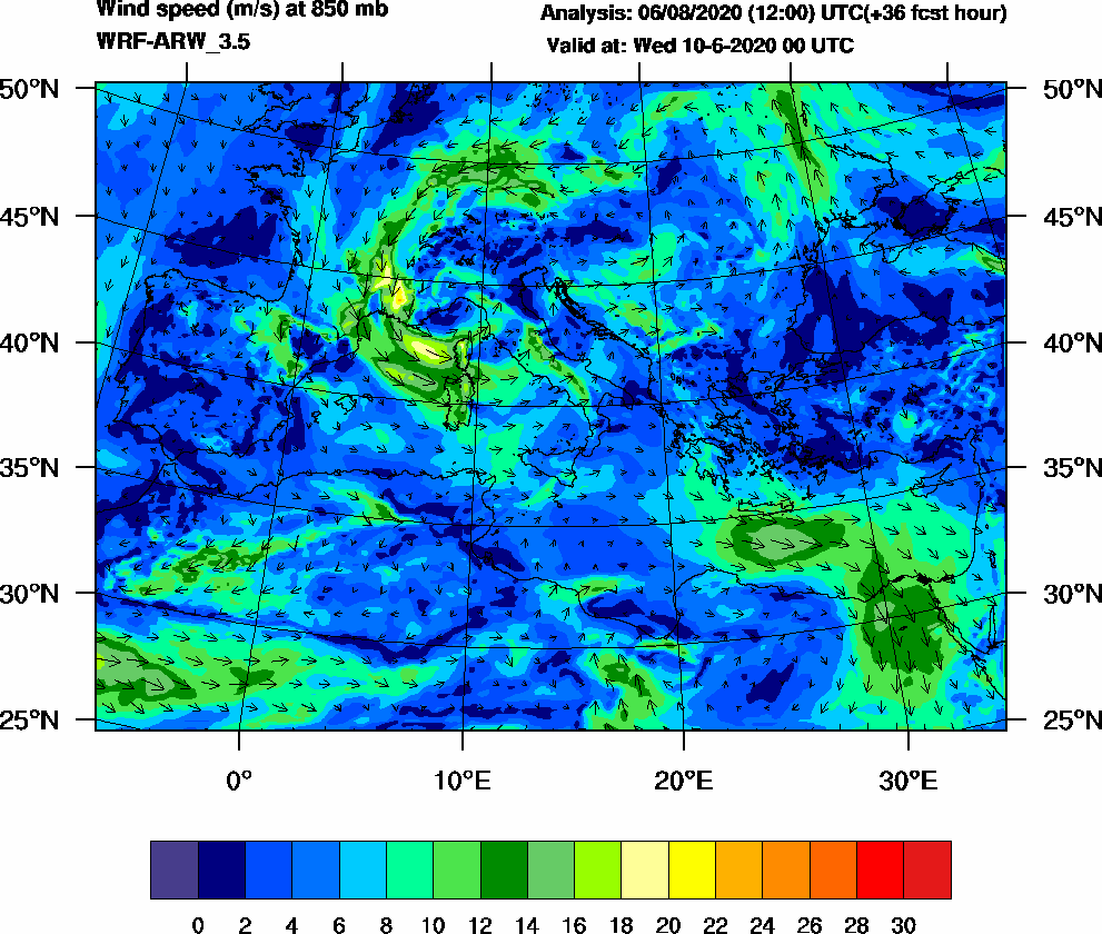 Wind speed (m/s) at 850 mb - 2020-06-10 00:00