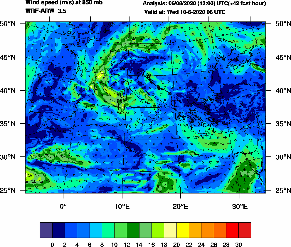 Wind speed (m/s) at 850 mb - 2020-06-10 06:00