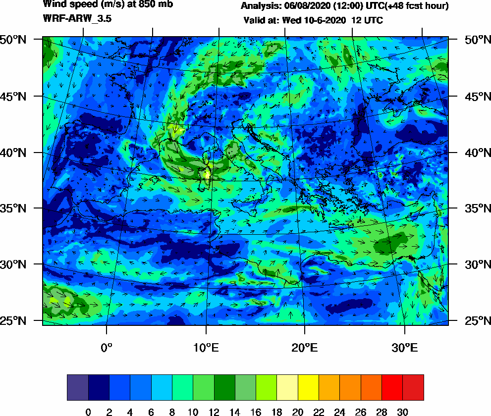 Wind speed (m/s) at 850 mb - 2020-06-10 12:00