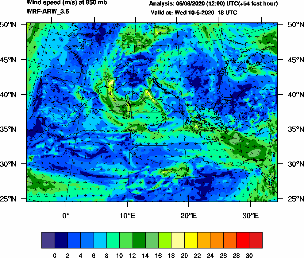 Wind speed (m/s) at 850 mb - 2020-06-10 18:00