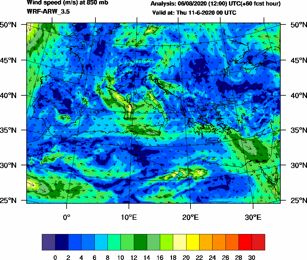 Wind speed (m/s) at 850 mb - 2020-06-11 00:00