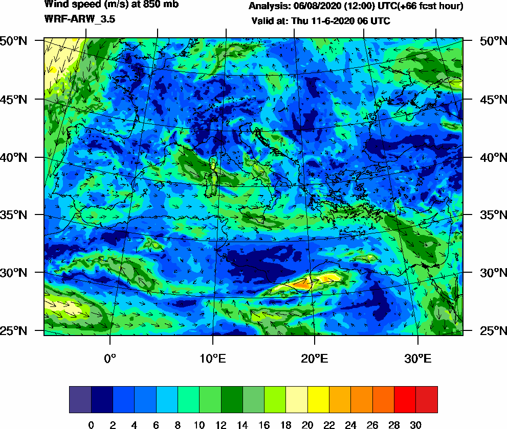 Wind speed (m/s) at 850 mb - 2020-06-11 06:00