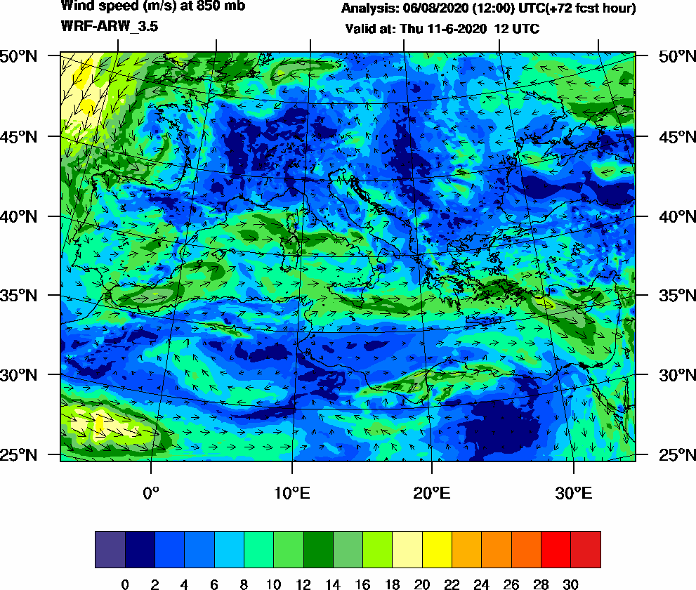 Wind speed (m/s) at 850 mb - 2020-06-11 12:00