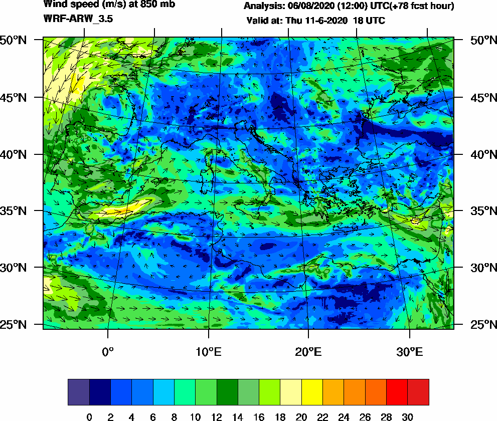 Wind speed (m/s) at 850 mb - 2020-06-11 18:00
