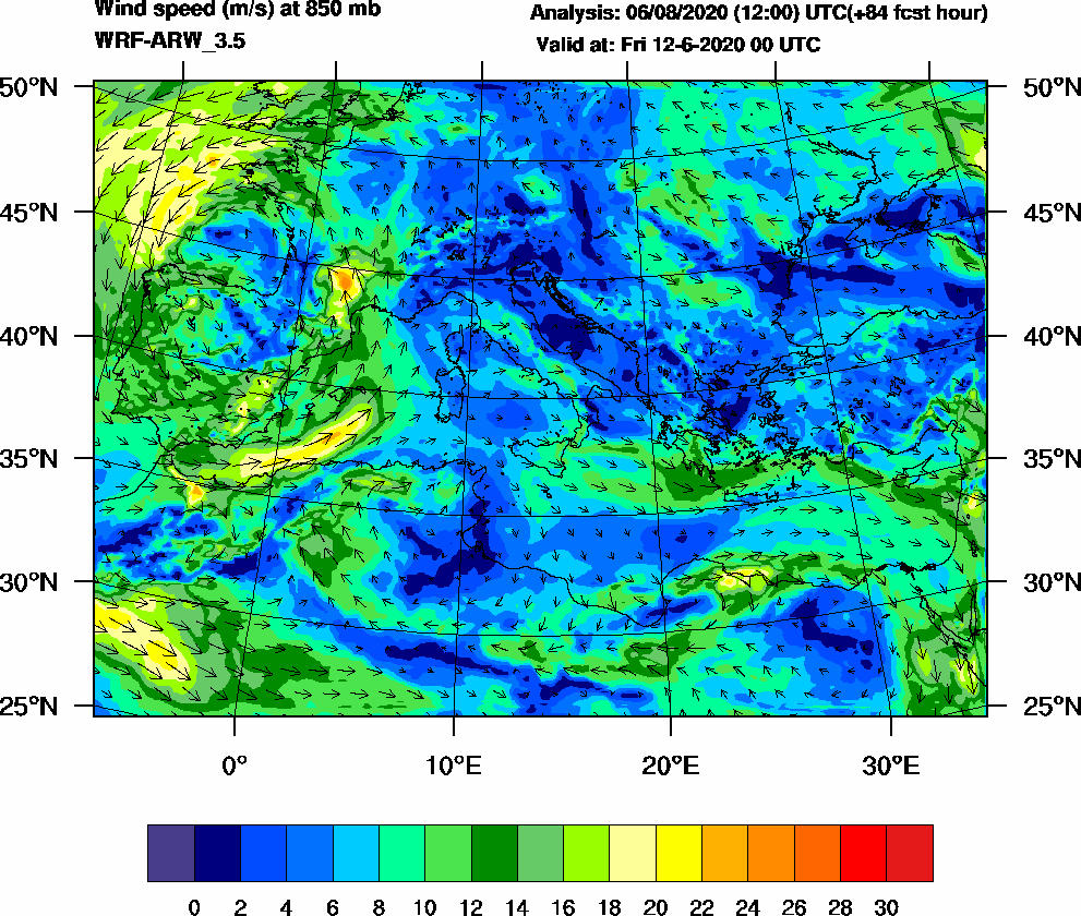 Wind speed (m/s) at 850 mb - 2020-06-12 00:00