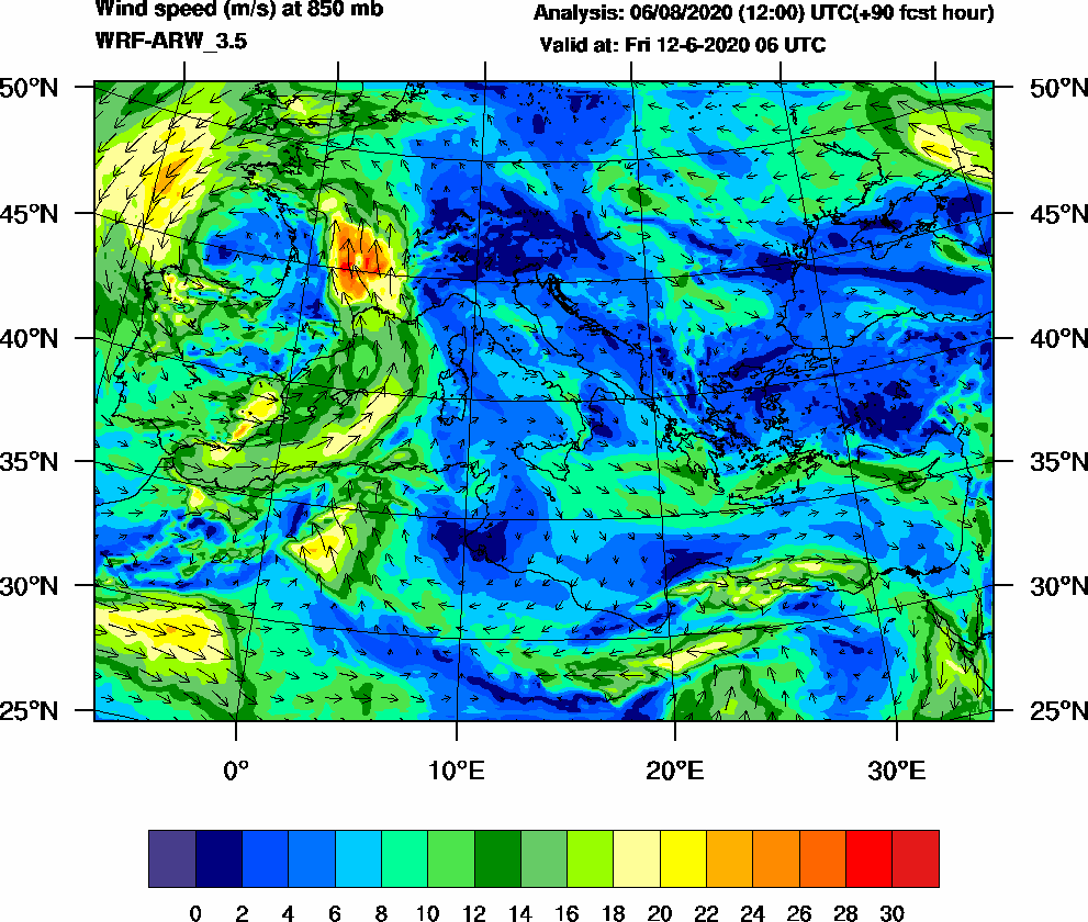 Wind speed (m/s) at 850 mb - 2020-06-12 06:00