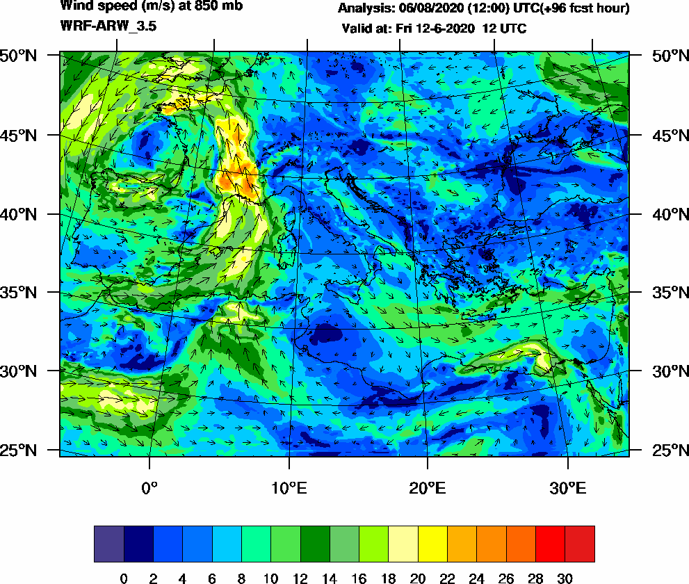 Wind speed (m/s) at 850 mb - 2020-06-12 12:00