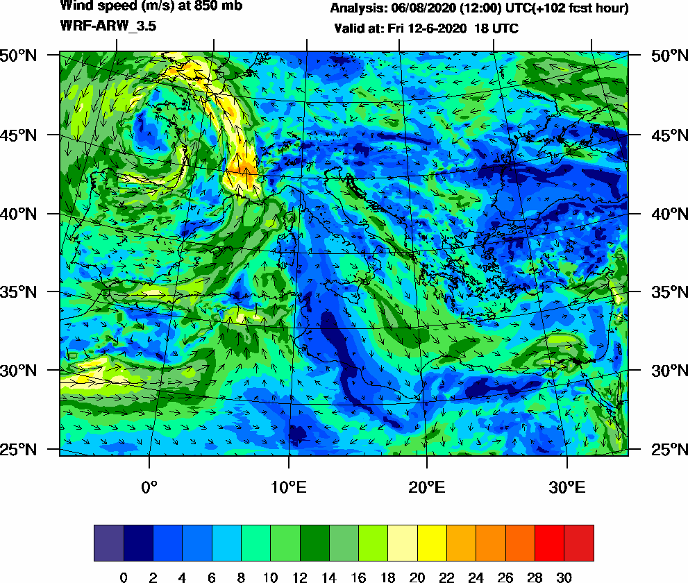 Wind speed (m/s) at 850 mb - 2020-06-12 18:00