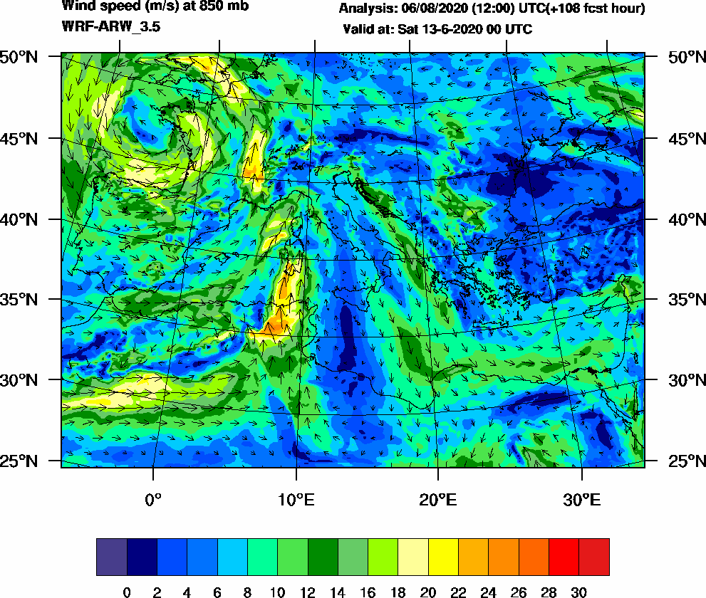 Wind speed (m/s) at 850 mb - 2020-06-13 00:00