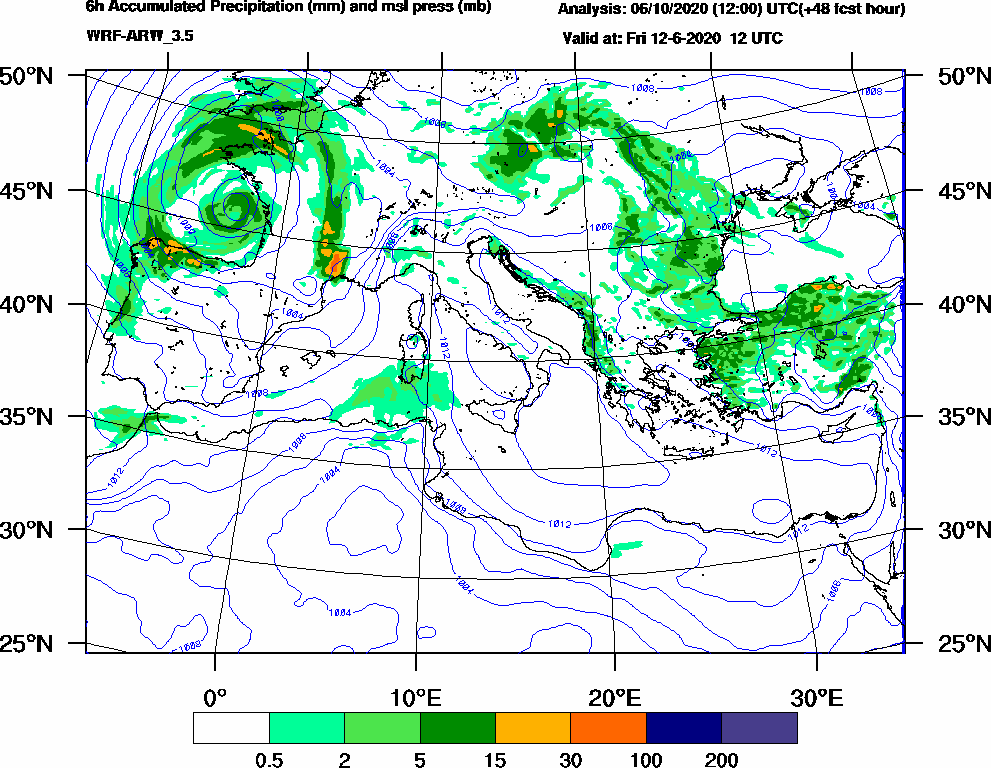 6h Accumulated Precipitation (mm) and msl press (mb) - 2020-06-12 06:00
