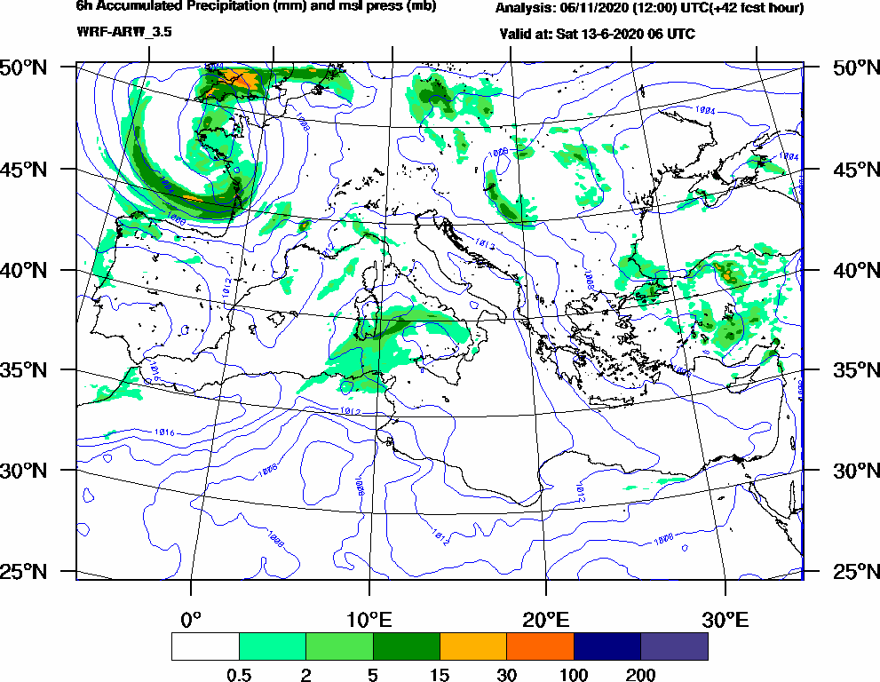 6h Accumulated Precipitation (mm) and msl press (mb) - 2020-06-13 00:00