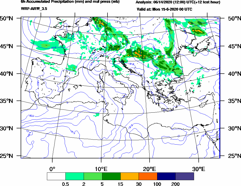 6h Accumulated Precipitation (mm) and msl press (mb) - 2020-06-14 18:00