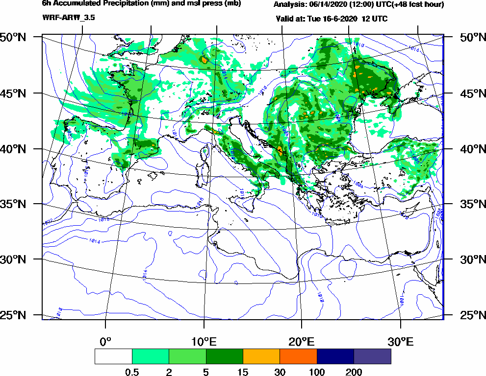 6h Accumulated Precipitation (mm) and msl press (mb) - 2020-06-16 06:00