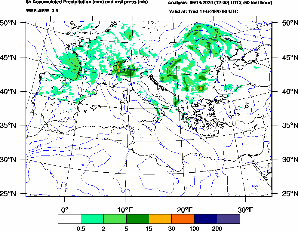 6h Accumulated Precipitation (mm) and msl press (mb) - 2020-06-16 18:00