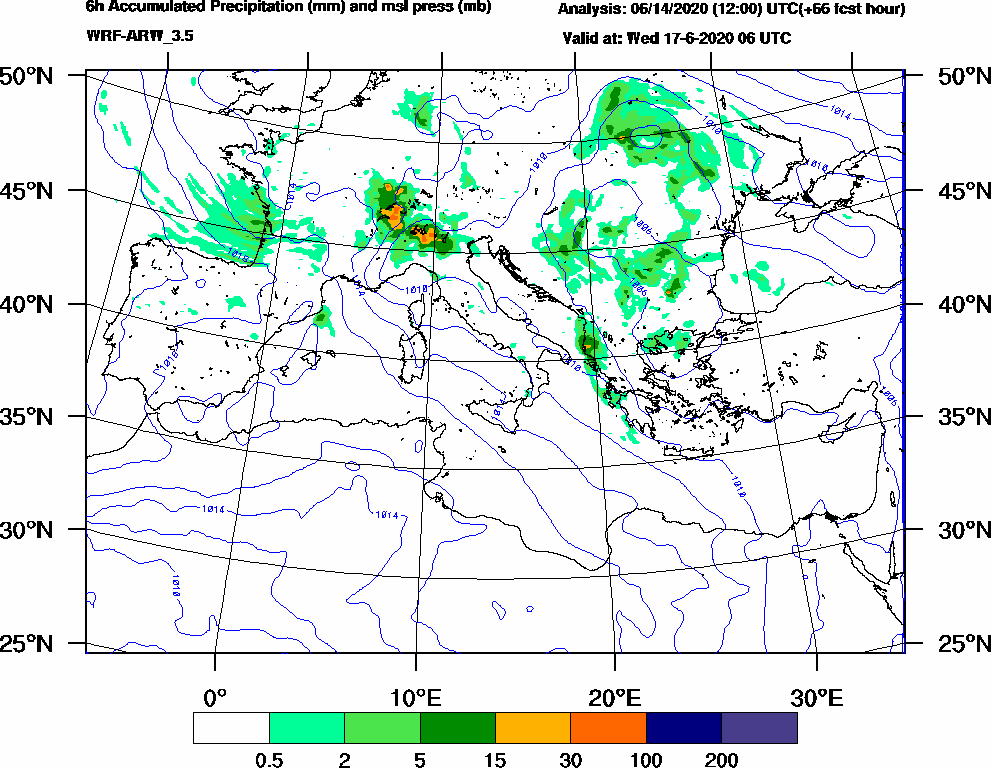 6h Accumulated Precipitation (mm) and msl press (mb) - 2020-06-17 00:00