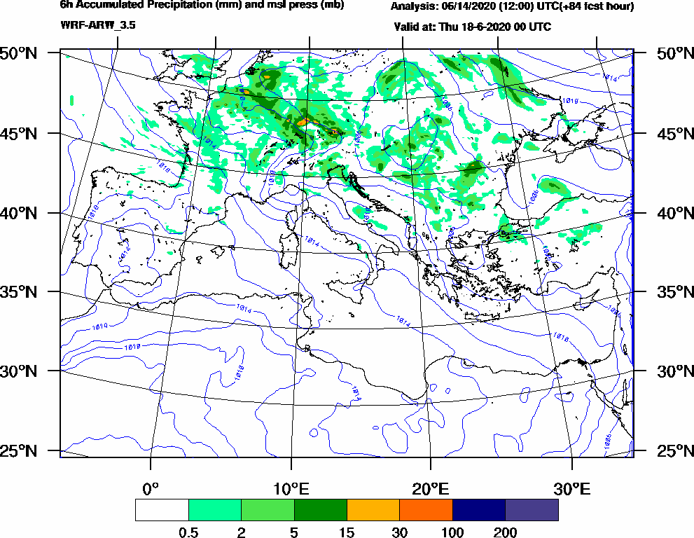 6h Accumulated Precipitation (mm) and msl press (mb) - 2020-06-17 18:00
