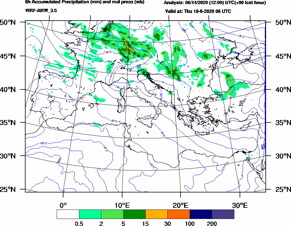 6h Accumulated Precipitation (mm) and msl press (mb) - 2020-06-18 00:00