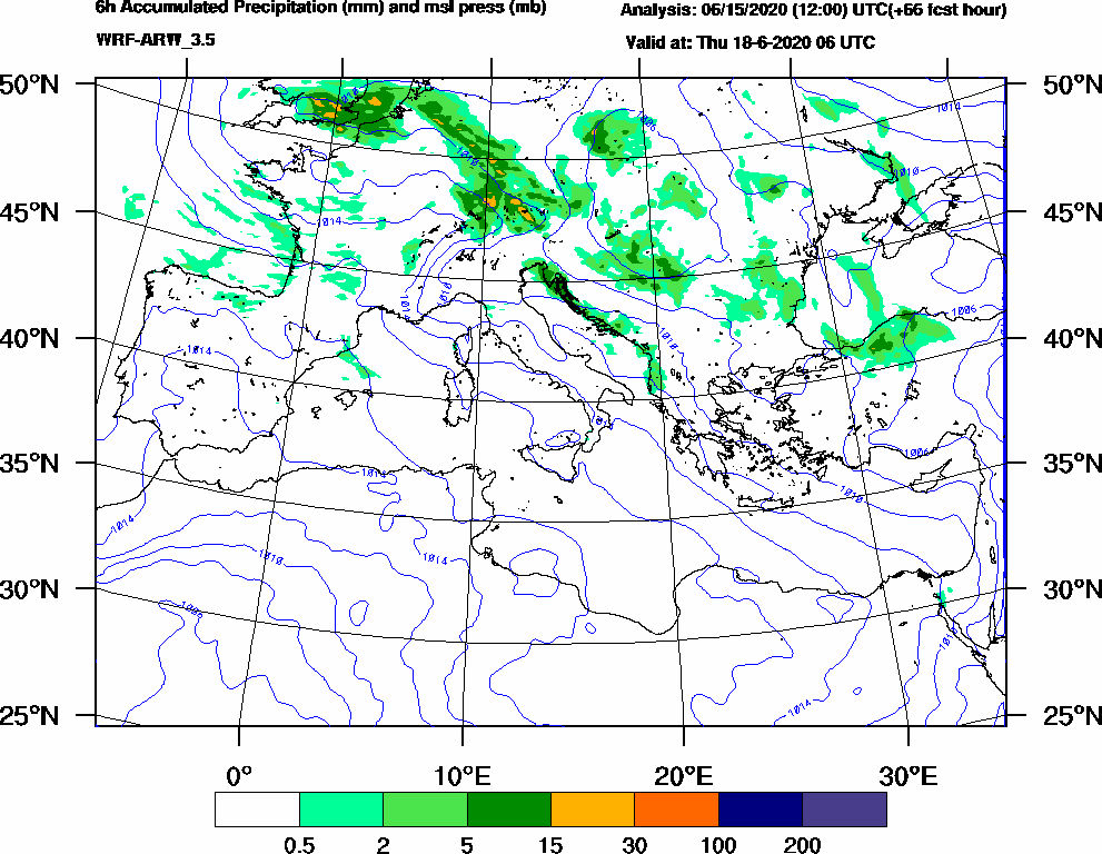 6h Accumulated Precipitation (mm) and msl press (mb) - 2020-06-18 00:00