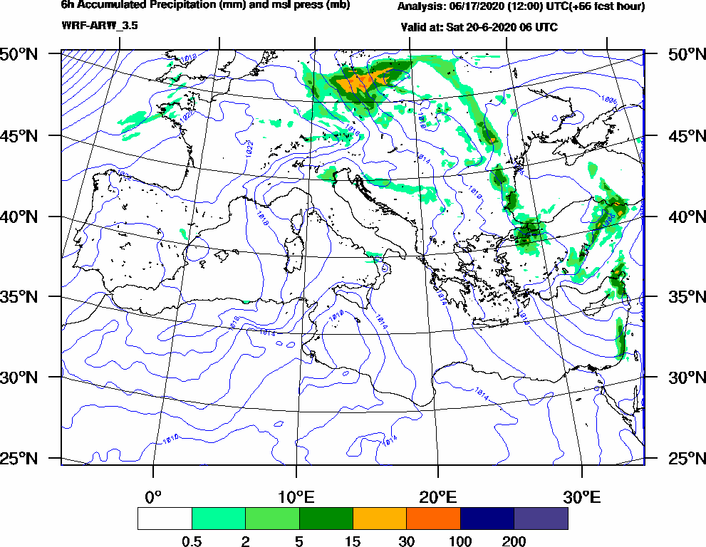 6h Accumulated Precipitation (mm) and msl press (mb) - 2020-06-20 00:00
