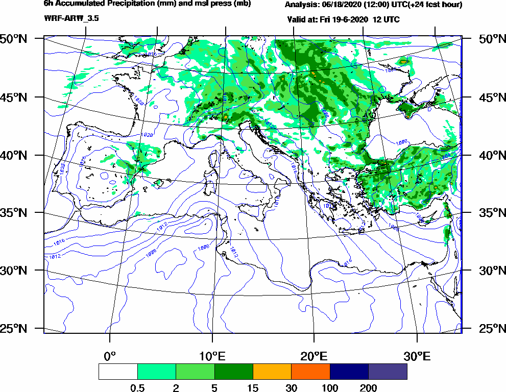 6h Accumulated Precipitation (mm) and msl press (mb) - 2020-06-19 06:00