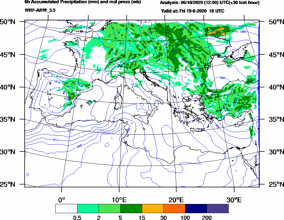 6h Accumulated Precipitation (mm) and msl press (mb) - 2020-06-19 12:00