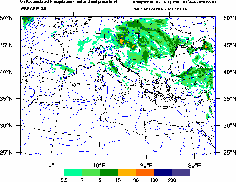 6h Accumulated Precipitation (mm) and msl press (mb) - 2020-06-20 06:00