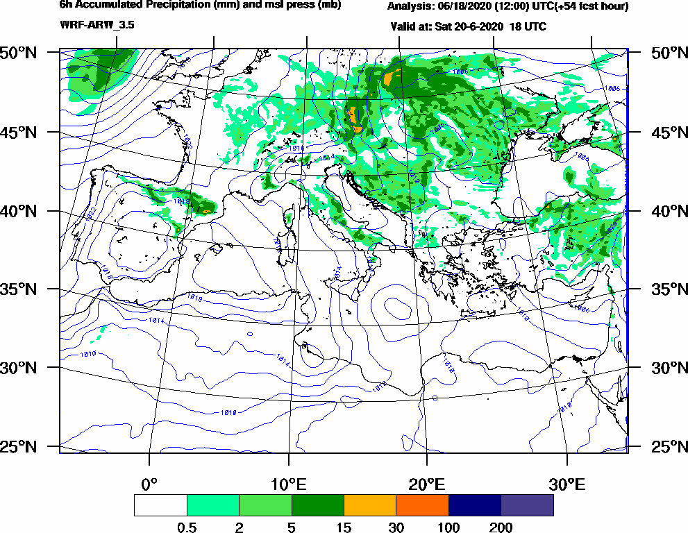 6h Accumulated Precipitation (mm) and msl press (mb) - 2020-06-20 12:00