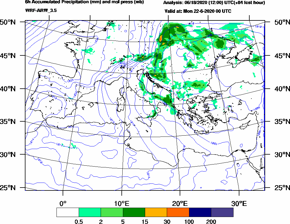 6h Accumulated Precipitation (mm) and msl press (mb) - 2020-06-21 18:00