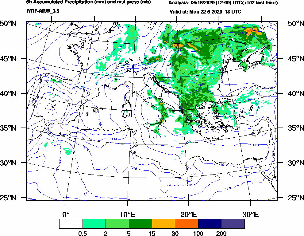 6h Accumulated Precipitation (mm) and msl press (mb) - 2020-06-22 12:00