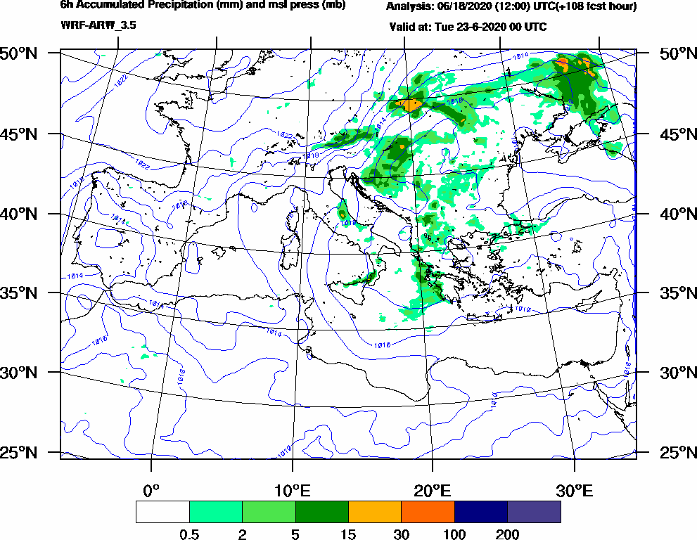 6h Accumulated Precipitation (mm) and msl press (mb) - 2020-06-22 18:00