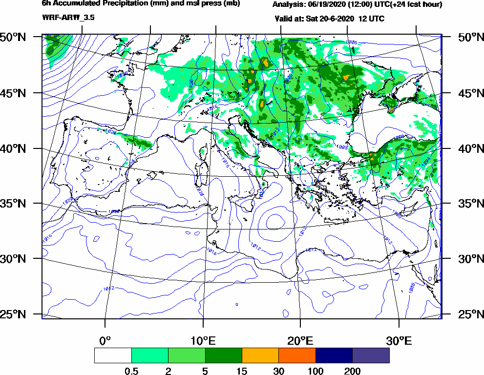 6h Accumulated Precipitation (mm) and msl press (mb) - 2020-06-20 06:00