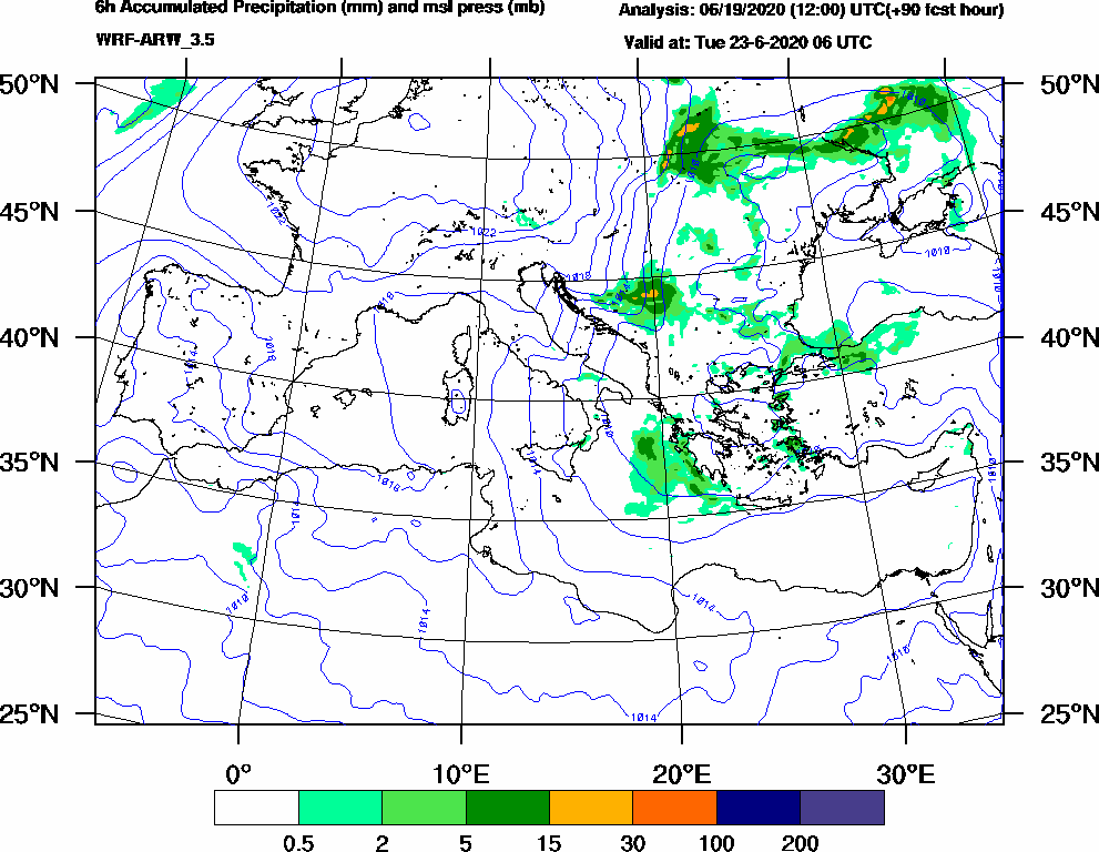 6h Accumulated Precipitation (mm) and msl press (mb) - 2020-06-23 00:00