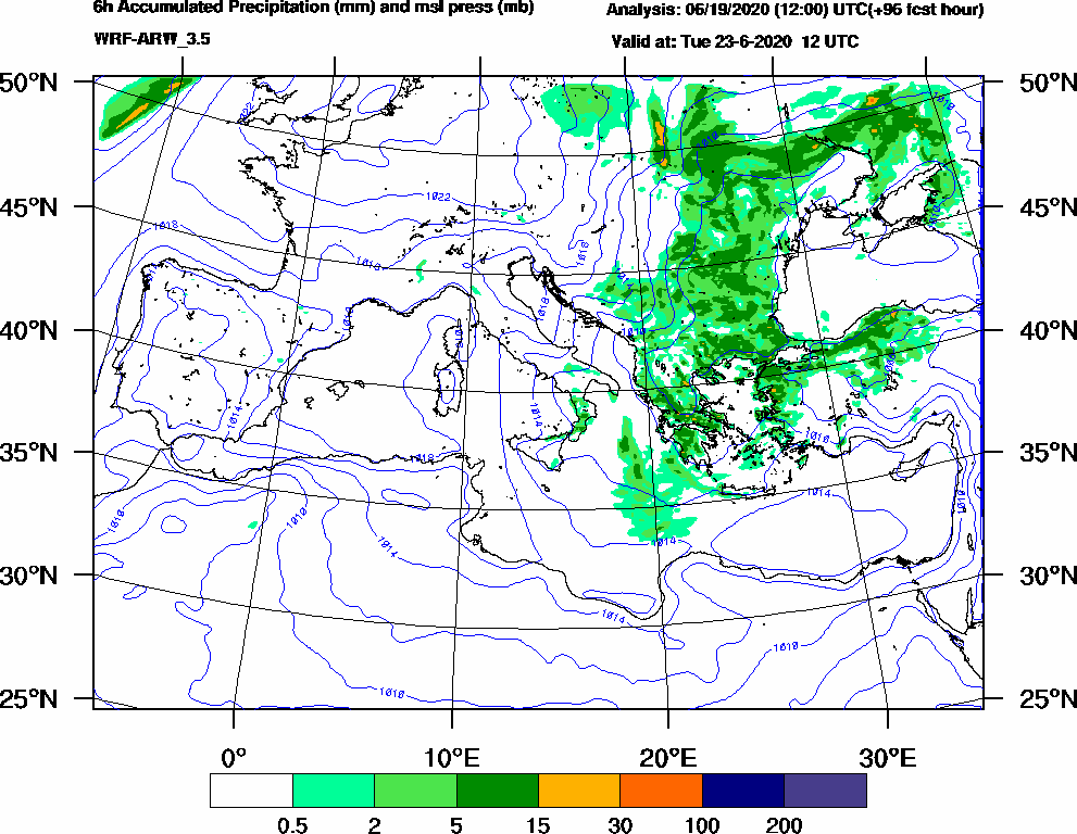 6h Accumulated Precipitation (mm) and msl press (mb) - 2020-06-23 06:00