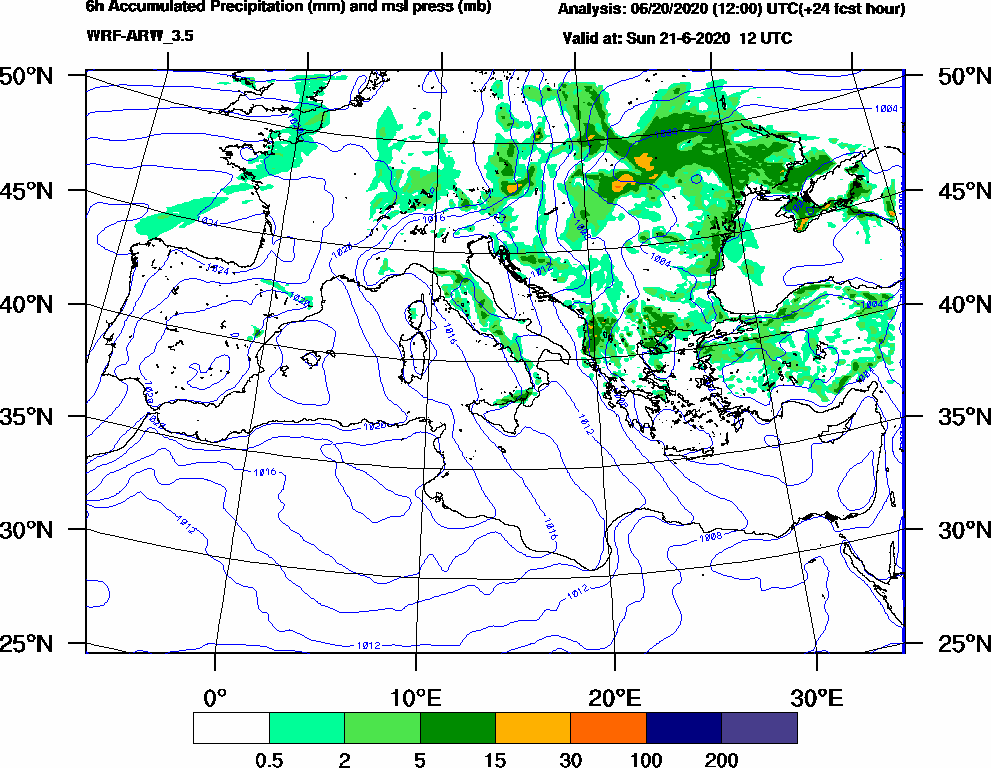 6h Accumulated Precipitation (mm) and msl press (mb) - 2020-06-21 06:00