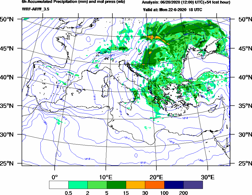 6h Accumulated Precipitation (mm) and msl press (mb) - 2020-06-22 12:00