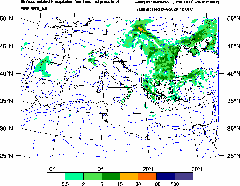 6h Accumulated Precipitation (mm) and msl press (mb) - 2020-06-24 06:00