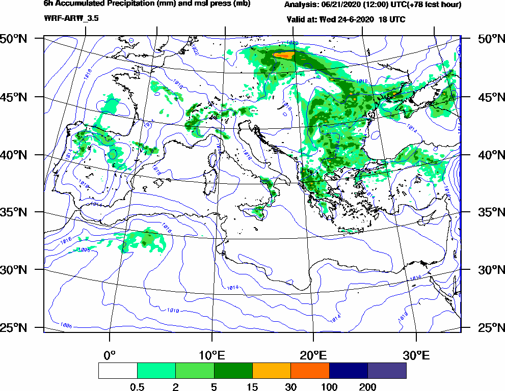 6h Accumulated Precipitation (mm) and msl press (mb) - 2020-06-24 12:00