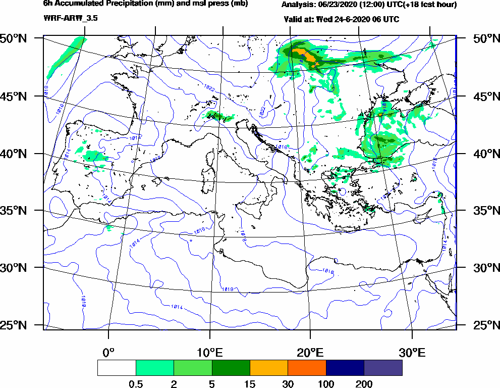 6h Accumulated Precipitation (mm) and msl press (mb) - 2020-06-24 00:00