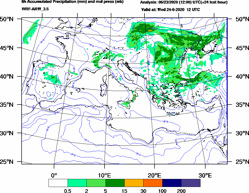 6h Accumulated Precipitation (mm) and msl press (mb) - 2020-06-24 06:00