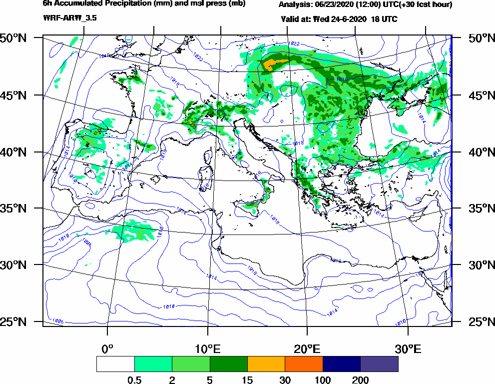 6h Accumulated Precipitation (mm) and msl press (mb) - 2020-06-24 12:00