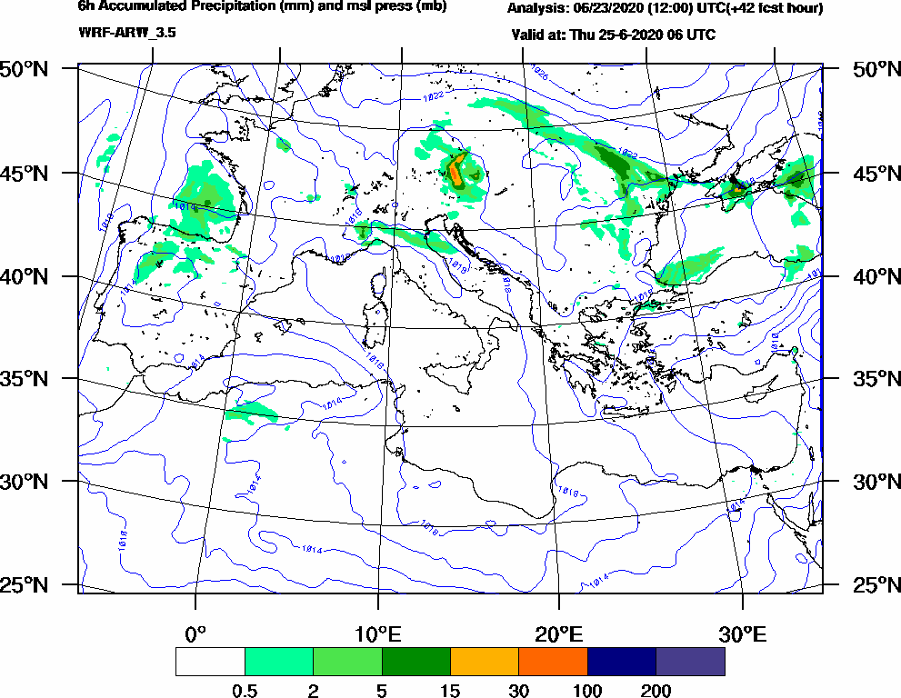 6h Accumulated Precipitation (mm) and msl press (mb) - 2020-06-25 00:00