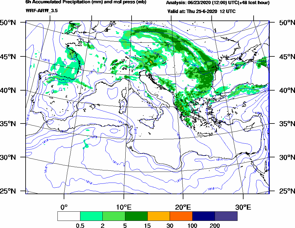 6h Accumulated Precipitation (mm) and msl press (mb) - 2020-06-25 06:00