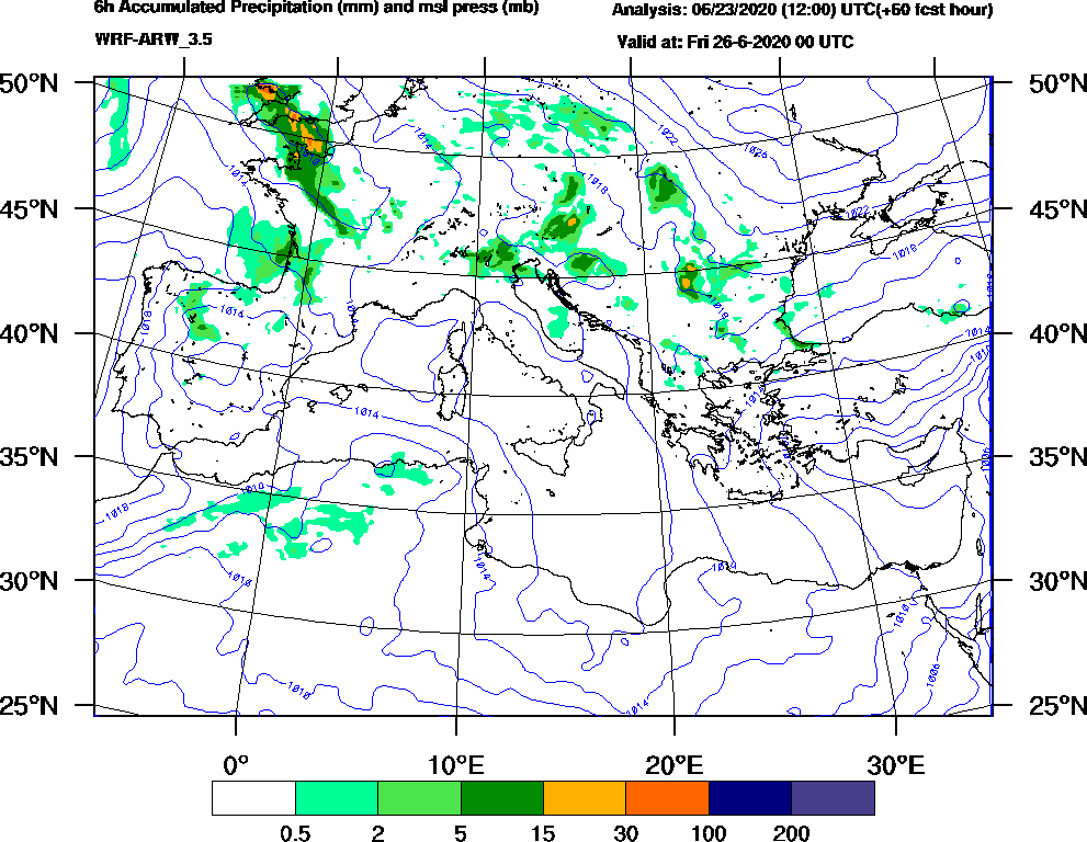 6h Accumulated Precipitation (mm) and msl press (mb) - 2020-06-25 18:00