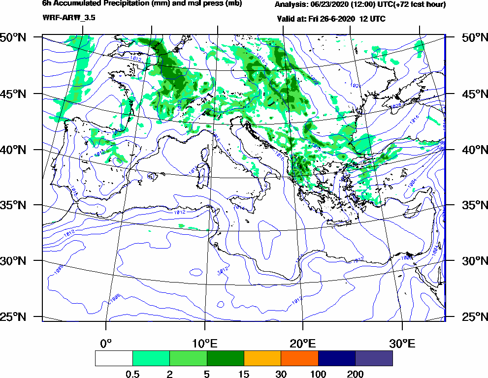 6h Accumulated Precipitation (mm) and msl press (mb) - 2020-06-26 06:00